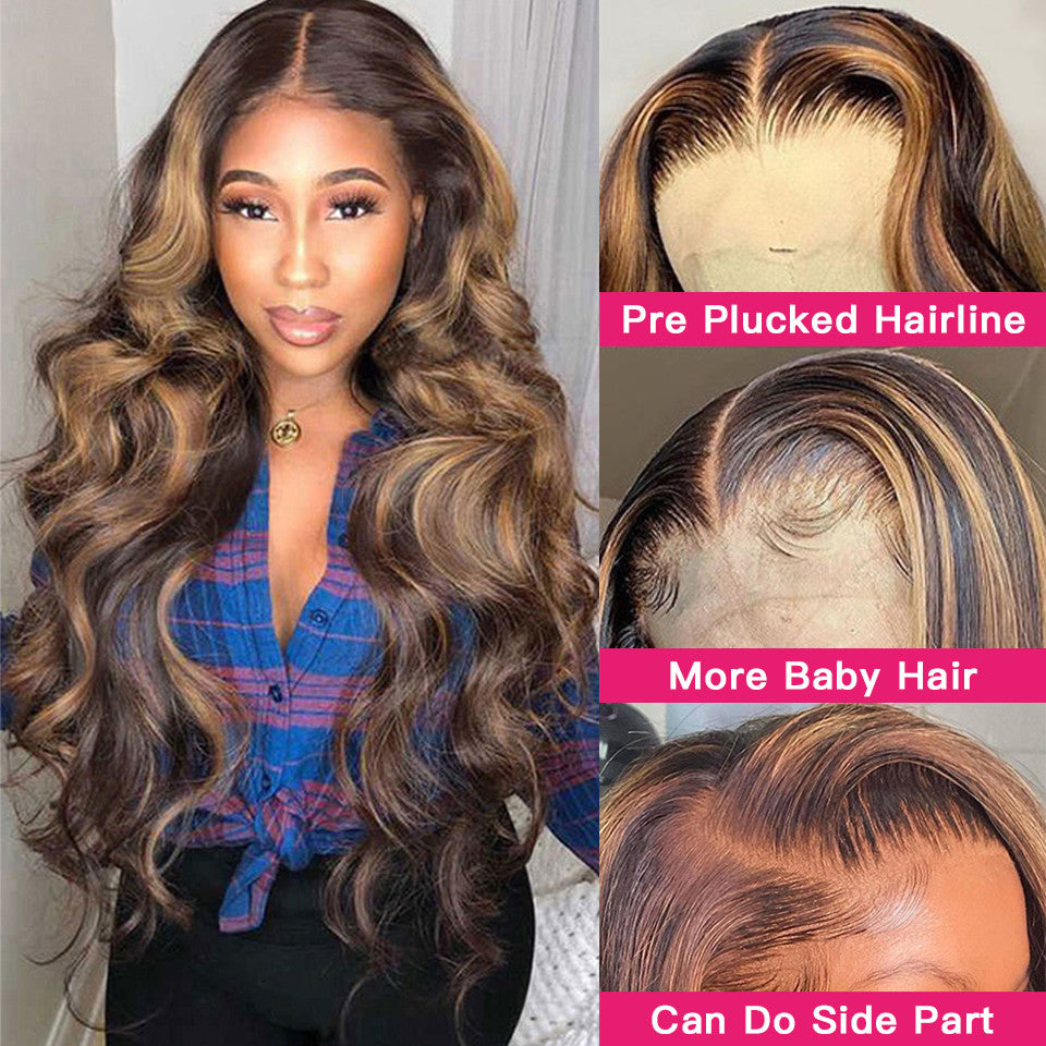 Glamorous 360 HD Lace Frontal Wig: 4/27 Highlights, Body Wave