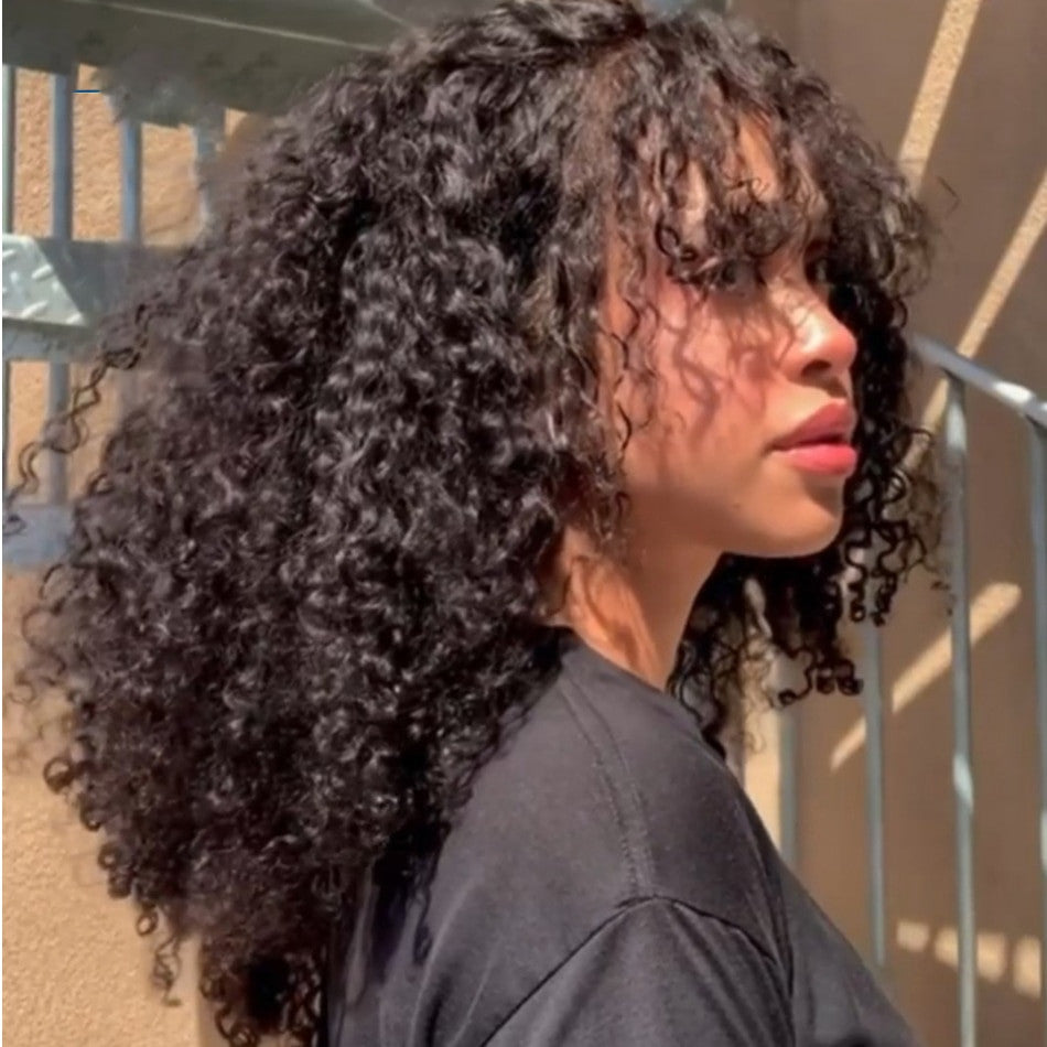 Soft Natural Black 26 Inch Long Kinky Curly Wig With Bang